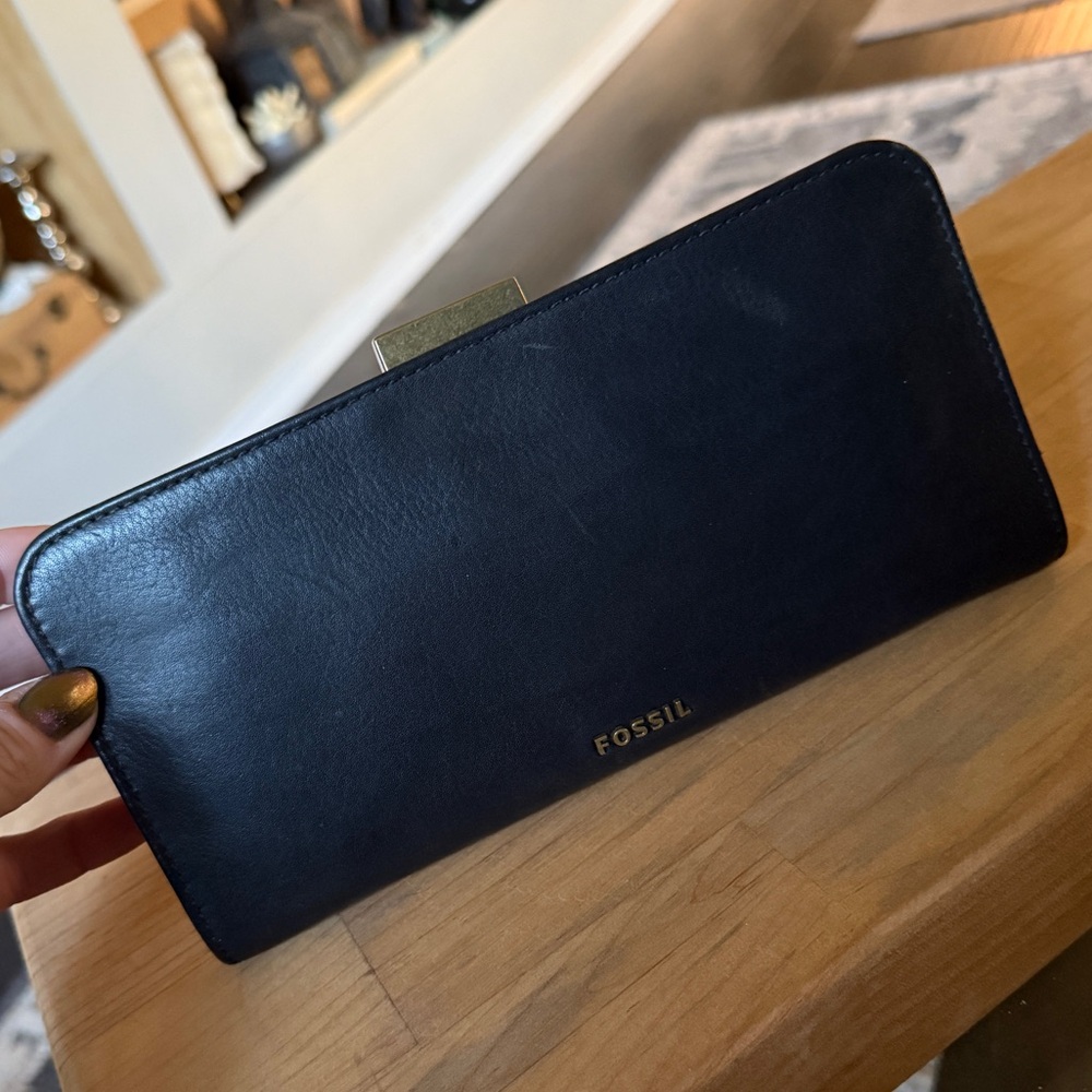 Fossil black Leather Clutch with gold frame